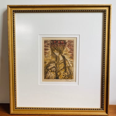 Mid-century Etienne Ret hand-signed etching of mother and child / elegant framed and matted MCM gift for mom 