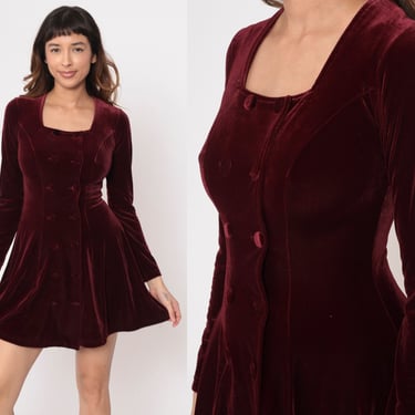 Burgundy Velvet Dress 90s Mini Party Dress Double Breasted Button Up Fit and Flare 1990s Vintage Long Sleeve Retro Gothic Minidress Small 4 