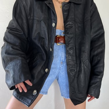 Vintage Black Button Up Leather Jacket