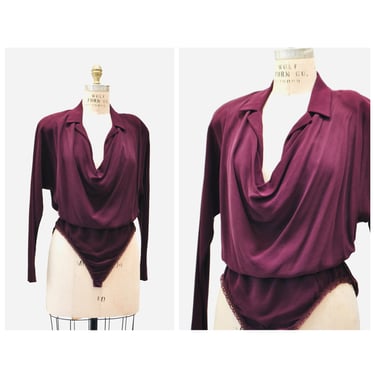 90s Silk Body Suit By Donna Karen New York  Size Medium // Purple Plum Silk Cowl Neck Silk blouse Body Suit Chiffon Dolman sleeve Blouse 