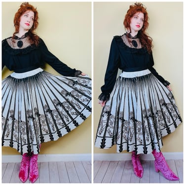 1950s Vintage Tipicano Black and Cream Aztec Sequin Skirt / 50s Cotton Circle Wrap Skirt / Medium / Size 36 