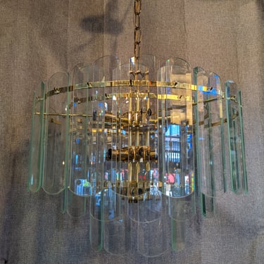 Vintage MCM Polished Brass and Glass Chandelier