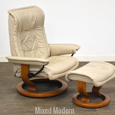 Beige Leather Stressless Ekornes Lounge Chair and Ottoman 