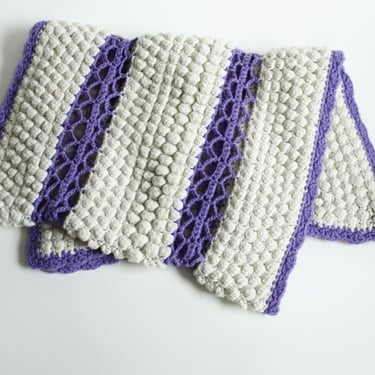 Vintage Crocheted Small Narrow Chair Accent Throw - Lavender Purple & Off White - Bubble Texture 