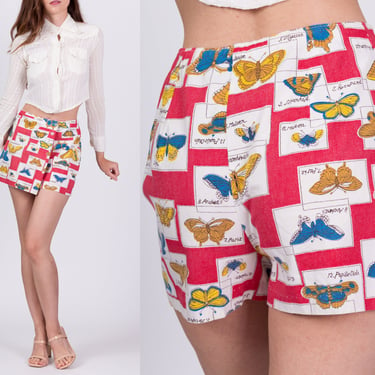60s 70s Butterfly Novelty Print Mini Skort - Petite Extra Small, 23.5" | Vintage High Waisted Retro Skirt Shorts 