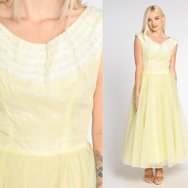 Yellow Chiffon Gown 60s Party Dress Lace Trim Maxi Pastel Cocktail High Waisted Full Skirt Formal Prom Sixties Vintage 1960s Extra Small xs 