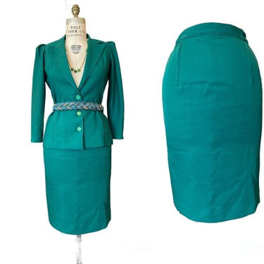 1970s suit, 2 piece set, skirt and jacket, green polyester, puff shoulders, sexy secretary, small medium,  28 29 