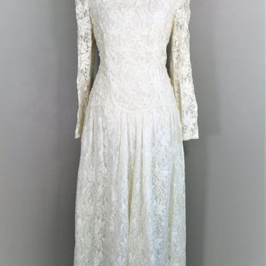 Backyard Bride - Circa 1970-80 - Beaded Lace - Drop Waist - by Marie St Claire - Marked size 12 