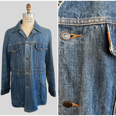 ORANGE TAB Vintage 70s Levis Chore Jacket | 1970s Levi Strauss Denim Safari Style | Boho Hippie Heritage Brand, Made in USA | Sz Mens M/L 