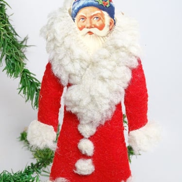 Vintage Die Cut Paper Face Scrap Santa with Cotton Body Faux Fur Trim,  Christmas Ornament, Vintage Homemade Decor 