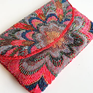 1980s Red Floral Beaded Clutch