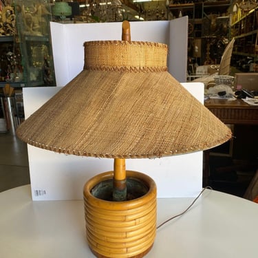 Pair of Restored Paul Frankl Rattan Table Lamp with Original Wicker Lamp Shades 
