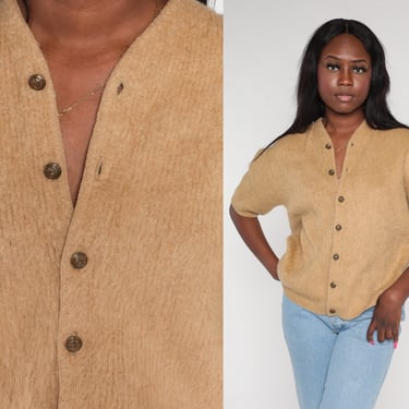 70s Sweater Top Tan Button Up Short Sleeve Cardigan Mohair Wool Blend Sweater Shirt Knit Preppy Simple Neutral Fall 1970s Vintage Medium M 