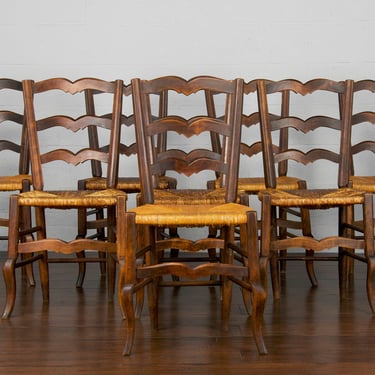 Antique Country French Petite Provincial Ladder Back Oak Rush Dining Chairs - Set of 8 