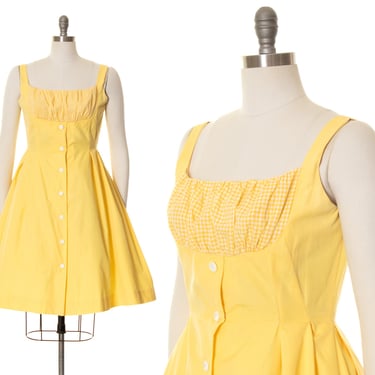 Vintage 1950s 1960s Sundress | 50s 60s Gathered Gingham Bust Yellow Cotton Button Down Fit Flare Full Skirt Shirtwaist Day Dress (medium) 