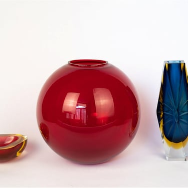 Colorful Glass Lot with Red Vase