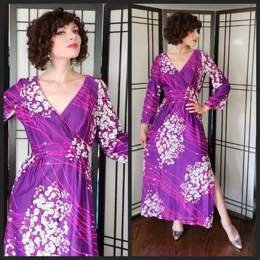 70s Purple Maxi Dress Tiki Floral Print w/Long Sleeves  Lilli Diamond 