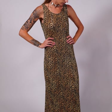 90s Leopard Print Dress Vintage Grunge Dress Slinky Animal Print Sleeveless Maxi Dress 