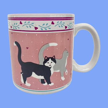 Vintage Cat Mug Retro 1980s Farmhouse + Freelance Inc. + Porcelain + Pink/Gray/Black/White + Cat Lover + Kitchen + Drinking + Coffee or Tea 