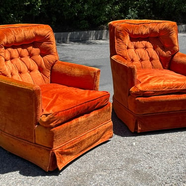 Mid-Century Orange Velvet Swivel Chairs 