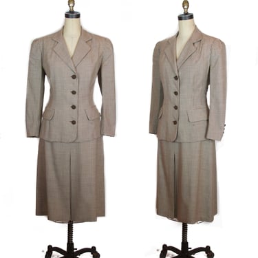 1940s Suit ~ Brown and Ivory Houndstooth Jacket Skirt Set 