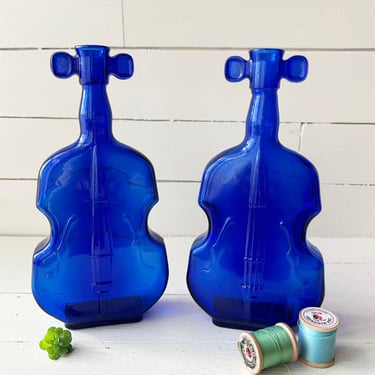 Vintage Cobalt Blue Violin or Cello Bottles // Pair of Blue Violin Bottles, Blue Vase // Perfect Gift 