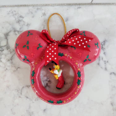 Vintage Mickey Unlimited Enesco Red Mickey Mouse Ears and Pluto in a Stocking Christmas Tree Ornament 