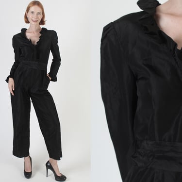 All Black Jumpsuit With Pockets, 80s Minimalist Belted Playsuit, Vintage Formal Cocktail Party Pant Suit 