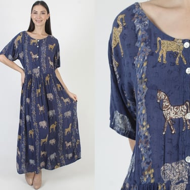 Animal Print Gauze Dress, Button Up Gypsy Grunge Maxi, Womens Blue Elephant Sundress 