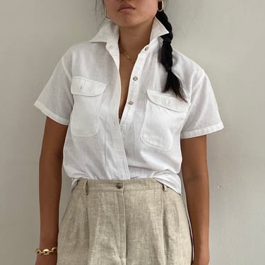 90s white linen shirt / vintage white linen short sleeve camp pocket shirt blouse | Small 