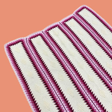 Vintage Afghan Blanket 1980s Retro Twin Size 90x62 + Farmhouse + Handmade + Wool Yarn + Cream and Pink Stripe Colors + Bedding + Retro Throw 