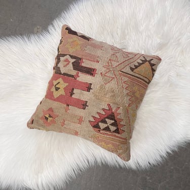 Vintage Kilim Throw Pillow Retro 1990s Handmade + Made in Turkey + Turkish Pillow + Square Shape + Beige + Brown + Peach + Tapestry Fabric 