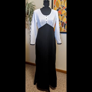 Vintage 1960s -70s Black & White Elegant Side Slit Polyester Maxi With Long Sleeves and Button Details 