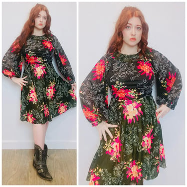 1970s Vintage Nylon Floral Ballon Sleeve Dress / 70s Knit Fit and Flare Drama Sleeve Dress / Medium 