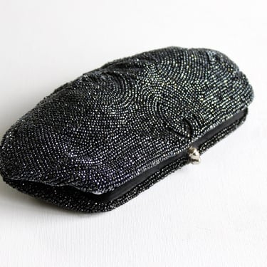 1950s Hand Beaded in Belgium Kiss-Lock Clutch Purse - Faceted Iridescent Black Glass Beads 