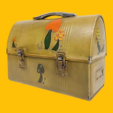 Vintage Lunchbox Retro 1960s Mid Century Modern + Metal + Hand Painted + Decoupaged Paper Mushroom Design + Dome Top + Pack Lunch + Kitchen 