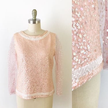 SIZE M Vintage Beaded Sequin Party Knit Pink Sweater 1950s Wool 