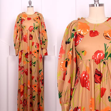 Vintage 1970s Floral Maxi Dress • 70s Autumnal Long Dress • Size XS/S 