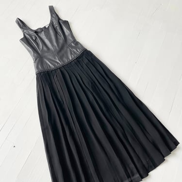 1980s Black Leather Dress with Sheer Pleated Chiffon Skirt 