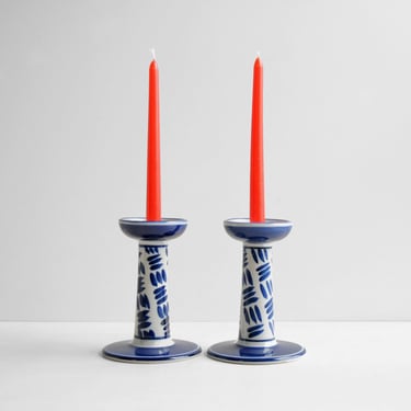 Vintage Blue and White Ceramic Candle Holders by Dansk 