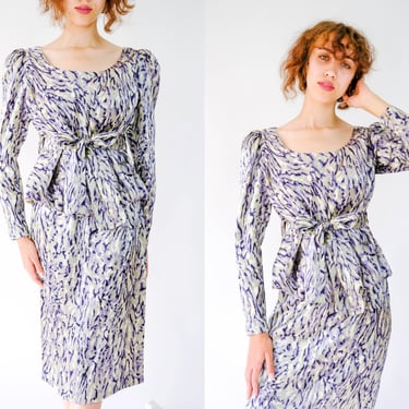 Vintage 70s MOLLIE PARNIS for Saks Fifth Avenue Blue Silver Animal Print Blouse & Skirt Set | Made in USA | 100% Silk | 1970s Designer Set 