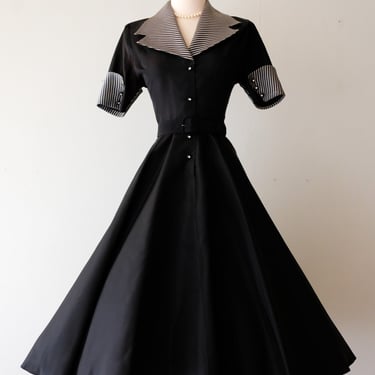 Lovely 1950's Black Taffeta Shirt Dress / Sz M