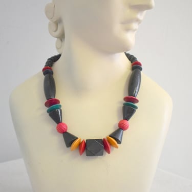 1980s Black and Multi-Color Wood Bead Necklace 