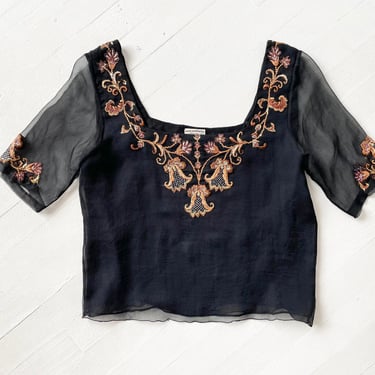 Vintage Embroidered Black Silk Blouse 