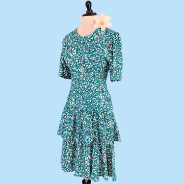 Vintage 80s Tiered Floral Teal Dress, Vintage 1980s Sundress 