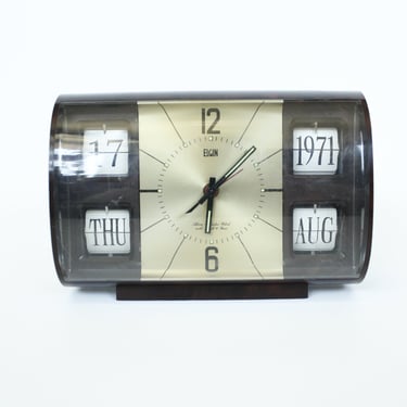 Vintage 70's Elgin Wind Up Analog Desk Alarm Clock - Day Date Month Year Flip Display - Alarm 