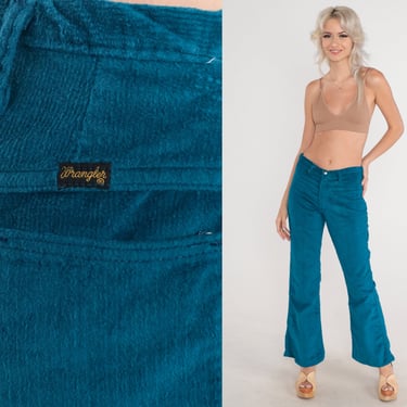 70s Bellbottoms Blue Wrangler Bell Bottom Pants Soft Corduroy Low Rise Waist Trousers Flared Retro Flare Pants Shiny Vintage 1970s Small 