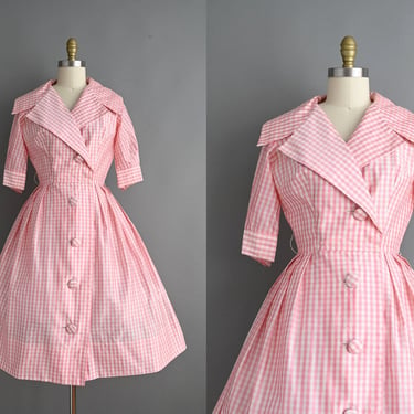 vintage 1950s Dress | Vintage Suzy Perette Pink Gingham Dress | Small 