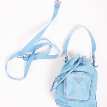 PRADA Y2K Baby Blue Mini Duet Bucket Bag RE Nylon Tessuto Y2K 90s Linea Rossa Wristlet Silver Hardware Adjustable 