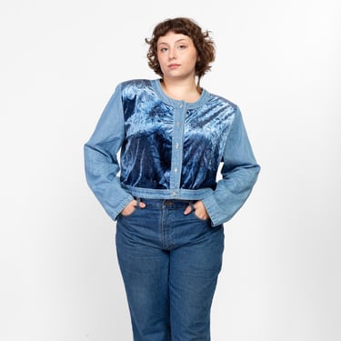 2X 90s Blue Chambray Velvet Crop Top Size 22W | Vintage Grunge Long Sleeve Button Up Cropped Jean Shirt 